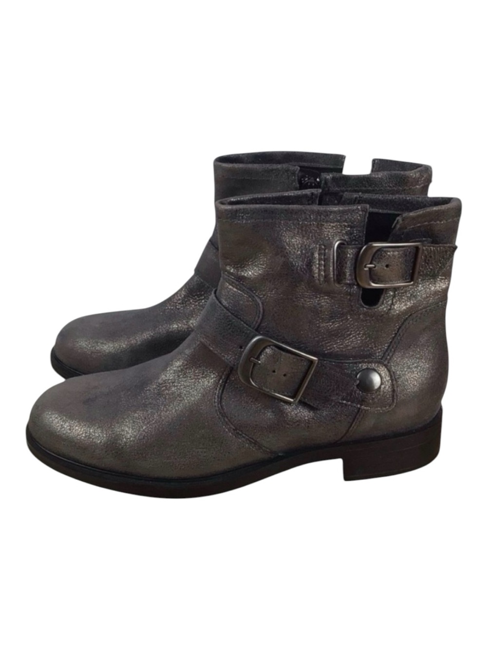 Bocage grey silver shiny ankle chelsea boot moto harness leather bikercore vegan